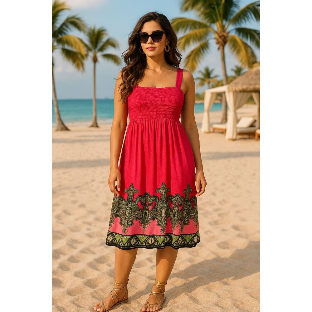 Ace Fashion Boho Paisley Bright Pink Print Sundress Sleeveless Smocked Size XXL - Picture 10 of 13